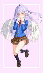 Rule 34 | 1girl, :o, alternate costume, angel, angel beats!, angel wings, black footwear, black socks, blue jacket, blush, bright pupils, brown skirt, clothes lift, collared shirt, commentary request, company connection, eyelashes, eyes visible through hair, feathered wings, floating hair, flying, full body, hair between eyes, hair over shoulder, hands up, heaven burns red, highres, jacket, key (company), kneehighs, knees together feet apart, loafers, long hair, long sleeves, looking at viewer, miniskirt, necktie, open mouth, plaid, plaid skirt, pleated skirt, ponytail, red necktie, school uniform, shirt, shoes, sidelocks, skirt, skirt lift, socks, solo, straight hair, tachibana kanade, thighs, tsurime, umeshiba (eleventhdolls), very long hair, white hair, white shirt, white wings, wings, yellow eyes