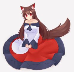 Rule 34 | 1girl, absurdres, animal ear fluff, animal ears, bare shoulders, breasts, brooch, brown hair, collarbone, dress, hands on lap, hashi2387, highres, imaizumi kagerou, jewelry, large breasts, long hair, long sleeves, looking at viewer, multicolored clothes, multicolored dress, off-shoulder dress, off shoulder, red dress, red eyes, simple background, sitting, solo, tail, touhou, wariza, white background, white dress, wide sleeves, wolf ears, wolf girl, wolf tail
