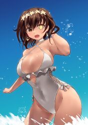 Rule 34 | 1girl, alternate costume, arm up, artist name, blue sky, blush, breasts, brown hair, cleavage, cosplay, cow, dated, earrings, furutaka (kancolle), glowing, glowing eye, highres, jewelry, kantai collection, large breasts, looking at viewer, one-hour drawing challenge, one-piece swimsuit, outdoors, owa (ishtail), sagiri (kancolle), sagiri (kancolle) (cosplay), short hair, sky, smile, solo, swimsuit, water, white one-piece swimsuit