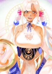 Rule 34 | 1girl, absurdres, blonde hair, blue ribbon, breasts, dark-skinned female, dark skin, dress, earrings, elbow gloves, gloves, hair ornament, highres, hololive, hololive english, huge filesize, iris (tb33064667), jewelry, large breasts, long hair, looking at viewer, neck ribbon, open mouth, orange eyes, planet earrings, planet hair ornament, ribbon, see-through, sideboob, single earring, solo, tsukumo sana, tsukumo sana (1st costume), twintails, underbust, virtual youtuber, white dress, white gloves, yatagarasu (tsukumo sana)