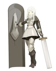 Rule 34 | 1girl, armor, bad id, bad twitter id, boots, brown footwear, commentary request, covered face, gauntlets, greaves, holding, holding shield, holding sword, holding weapon, juliet sleeves, km yama, long hair, long sleeves, looking at viewer, original, plate armor, puffy sleeves, shield, solo, sword, weapon, white hair, yellow eyes