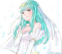 Rule 34 | 1girl, bare shoulders, blue hair, blush, bride, dress, fire emblem, fire emblem: the blazing blade, fire emblem heroes, formal, gloves, grimmelsdathird, hair ornament, highres, jewelry, long hair, looking at viewer, necklace, ninian, nintendo, red eyes, simple background, smile, solo, strapless, wedding dress, white dress, white gloves