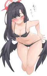 Rule 34 | 1girl, absurdres, ahoge, black bra, black hair, black panties, black wings, blue archive, blush, bra, breasts, cleavage, closed eyes, collarbone, cropped legs, ear blush, feathered wings, gluteal fold, groin, halo, highres, ichika (blue archive), long hair, medium breasts, navel, panties, red halo, simple background, solo, stomach, straight hair, sweatdrop, thigh gap, translation request, underwear, underwear only, undressing, very long hair, wasabijoyu76, white background, wings
