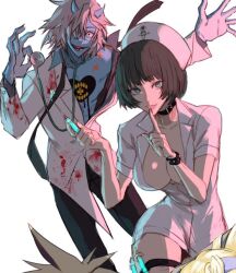 Rule 34 | 1boy, 1girl, alternate costume, blue horns, blue skin, breasts, cleavage, colored skin, doctor, glasses, guilty gear, guilty gear strive, halloween costume, happy chaos, hat, hitsuji kusa, holding, holding syringe, horns, i-no, lab coat, large breasts, nurse, nurse cap, stethoscope, syringe