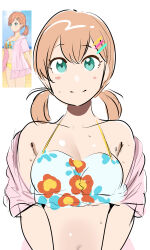Rule 34 | 1girl, absurdres, alternate hairstyle, bikini, breasts, collarbone, game screenshot, green eyes, highres, hinoshita kaho, link! like! love live!, love live!, medium breasts, okpriko, orange hair, reference inset, simple background, solo, sweat, swimsuit, twintails, upper body, white background