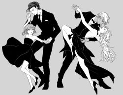 Rule 34 | 2boys, 2girls, age difference, akai shuuichi, amuro tooru, arm up, backless dress, backless outfit, bare arms, bare shoulders, bob cut, bow, bowtie, breasts, choker, collared shirt, dancing, dark-skinned male, dark skin, dress, eye contact, formal, full body, greyscale, haibara ai, height difference, high heels, hnz0926, holding hands, knee up, leaning back, long hair, long sleeves, looking at another, looking away, looking down, looking up, meitantei conan, monochrome, multiple boys, multiple girls, outstretched arm, pants, profile, shirt, shoes, short hair, smile, strapless, strapless dress, suit, vermouth (meitantei conan)