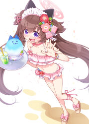 Rule 34 | 1girl, :d, animal ears, bare shoulders, bikini, blue archive, breasts, brown footwear, brown hair, cleavage, commentary request, cup, disposable cup, drinking straw, flower, food, hair between eyes, hair flower, hair ornament, halo, hands up, harada (sansei rain), highres, holding, holding tray, long hair, maid headdress, medium breasts, open mouth, pink bikini, pink flower, purple eyes, red flower, sandals, shaved ice, shizuko (blue archive), shizuko (swimsuit) (blue archive), simple background, smile, solo, standing, standing on one leg, swimsuit, tray, twintails, two side up, very long hair, white background