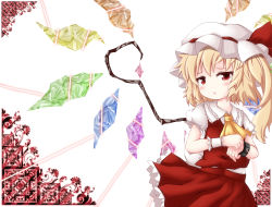 Rule 34 | 1girl, ascot, bad id, bad pixiv id, blonde hair, blush, cocozasa, cuffs, female focus, flandre scarlet, hat, hat ribbon, highres, open mouth, puffy sleeves, red eyes, restrained, ribbon, shackles, shirt, short sleeves, side ponytail, skirt, skirt set, solo, tears, touhou, vest, wings, wrist cuffs
