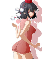 Rule 34 | 1girl, ass, bare shoulders, black hair, black thighhighs, blush, bottomless, breasts, female focus, hat, kasuka, looking at viewer, naked sweater, no pants, open mouth, pointy ears, red eyes, ribbed sweater, shameimaru aya, short hair, sleeveless, smile, solo, sweater, thighhighs, tokin hat, touhou