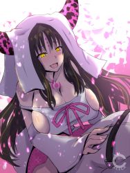 Rule 34 | 1boy, 1girl, :d, bare shoulders, black hair, blush, breasts, cilica, cleavage, collarbone, detached sleeves, dress, facial mark, fate/grand order, fate (series), forehead mark, fujimaru ritsuka (male), girl on top, horns, huge breasts, long hair, long sleeves, nose blush, open mouth, petals, sessyoin kiara, sideboob, smile, solo focus, tattoo, veil, very long hair, wide sleeves, yellow eyes