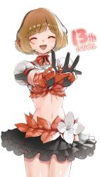 Rule 34 | 1girl, anniversary, brown hair, closed eyes, commentary, cowboy shot, crop top, daigoman, facing viewer, flower, foreshortening, frilled skirt, frills, gloves, headphones, highres, index finger raised, meiko (vocaloid), midriff, navel, outstretched arms, puffy sleeves, red gloves, red shirt, red skirt, sakine meiko, shirt, short hair, skirt, smile, solo, stomach, v, vocaloid, white background, white flower
