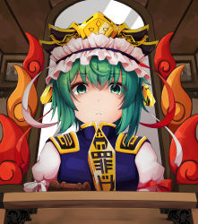 Rule 34 | 1girl, absurdres, black hat, closed mouth, commentary request, epaulettes, expressionless, frilled hat, frills, frown, green eyes, green hair, hat, highres, hira-san, indoors, judge, juliet sleeves, long sleeves, looking at viewer, mirror, puffy sleeves, rod of remorse, shaded face, shiki eiki, short hair, solo, touhou, upper body, wooden ceiling