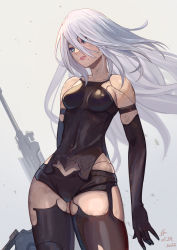 Rule 34 | 1girl, android, bare shoulders, black gloves, black thighhighs, blue eyes, breasts, commentary, cowboy shot, dated, elbow gloves, english commentary, gloves, joints, long hair, medium breasts, mole, mole under mouth, nier (series), nier:automata, sakumichi, solo, sword, thighhighs, weapon, white hair, a2 (nier:automata)