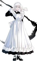 Rule 34 | 1boy, alternate costume, apron, black footwear, blanca (fate), blue eyes, bug, closed mouth, commentary request, crossdressing, enmaided, fate/grand order, fate (series), frills, full body, highres, holding, holding scythe, holding weapon, insect, light smile, long skirt, long sleeves, looking at viewer, maid, maid apron, maid headdress, male focus, medium hair, moth, no wings, oberon (fate), oyasumi dm, puffy sleeves, scythe, simple background, skirt, smile, socks, solo, weapon, white apron, white background, white hair, white socks