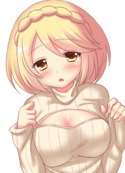 Rule 34 | 1girl, bad id, bad pixiv id, beige sweater, blonde hair, blush, braid, breasts, cleavage, cleavage cutout, clothing cutout, crown braid, hands up, highres, jubeat, knit (pop&#039;n music), large breasts, long sleeves, looking at viewer, meme attire, muraji0419, open-chest sweater, pop&#039;n music, ribbed sweater, short hair, simple background, sleeves past wrists, solo, sweater, swept bangs, turtleneck, turtleneck sweater, upper body, white background, yellow eyes