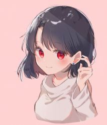 Rule 34 | 1girl, absurdres, black hair, blush, breasts, closed mouth, collarbone, copyright request, cropped torso, earrings, grey shirt, hand up, heart, heart earrings, highres, himaneko., jewelry, long sleeves, looking at viewer, medium breasts, pink background, red eyes, shirt, simple background, smile, solo, upper body