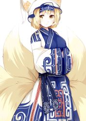 Rule 34 | 1girl, adapted costume, ainu clothes, animal hat, blonde hair, expressionless, fox tail, hands in opposite sleeves, hat, highres, japa, long sleeves, mob cap, multiple tails, mob cap, short hair, solo, tail, tassel, touhou, white background, wide sleeves, yakumo ran, yellow eyes