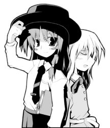 Rule 34 | 2girls, adjusting clothes, adjusting headwear, back-to-back, belt, blush stickers, book, bow, bowtie, closed eyes, dress shirt, female focus, ghostly field club, greyscale, hat, long hair, looking at viewer, lowres, maribel hearn, monochrome, multiple girls, necktie, no headwear, profile, shirt, simple background, smile, top hat, touhou, usami renko, white background