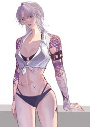 arm_tattoo bandaged_arm bandages bikini black_bikini path_to_nowhere scar scared swimsuit tattoo waqles white_hair zoya_(path_to_nowhere)