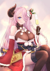 Rule 34 | 1girl, bigeyes925, black gloves, blue eyes, braid, breasts, champagne flute, cleavage, crossed legs, cup, detached sleeves, drinking glass, fur trim, gloves, granblue fantasy, hair over one eye, highres, holding, holding cup, horns, japanese clothes, light blush, light smile, long hair, narmaya (granblue fantasy), narmaya (holiday) (granblue fantasy), obi, official alternate costume, one eye covered, pink hair, pointy ears, santa costume, sash, sitting, solo, thighhighs, very long hair