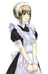 Rule 34 | 1girl, apron, blush, brown hair, green eyes, looking away, maid, maid apron, maid headdress, nidy, original, own hands together, plate, profile, puffy sleeves, short hair, short sleeves, simple background, smile, solo, white background, wrist cuffs