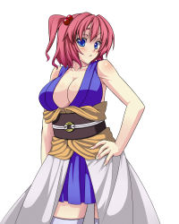 Rule 34 | 1girl, :&lt;, akutsu, bad id, bad pixiv id, blue eyes, blush, breasts, cleavage, female focus, hair bobbles, hair ornament, hand on own hip, highres, hip focus, large breasts, onozuka komachi, red hair, short hair, simple background, sleeveless, solo, thighhighs, touhou, twintails, two side up, white background, white thighhighs