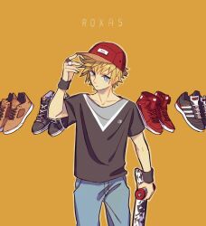 Rule 34 | 1boy, alternate costume, baseball cap, black shirt, blonde hair, blue eyes, blue pants, brown footwear, casual, character name, closed mouth, cowboy shot, dddagneo, hat, holding, holding skateboard, jewelry, kingdom hearts, kingdom hearts iii, looking at viewer, male focus, multiple rings, pants, red footwear, red hat, ring, roxas, shirt, shoes, short hair, skateboard, sneakers, solo, spiked hair, standing, wristband, yellow background