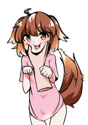 Rule 34 | 1girl, ahoge, animal ears, blush, brown eyes, brown hair, cheek squash, cowboy shot, cowfee, disembodied limb, dog ears, dog girl, dog tail, looking at viewer, no pants, original, paw pose, pink shirt, shirt, short hair, simple background, solo, solo focus, t-shirt, tail, tail wagging, tongue, tongue out, white background