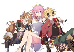 Rule 34 | 1girl, 2boys, animal ears, arm around shoulder, arms up, bare legs, bare shoulders, blonde hair, blush, boots, brown hair, closed mouth, crossed legs, cup, detached sleeves, dress, drooling, drunk, forehead protector, genshin impact, gloves, gorou (genshin impact), hair ornament, holding, holding cup, jacket, japanese clothes, jewelry, kk (kkgame7733), leaning back, leaning to the side, long hair, looking at viewer, mouth drool, multiple boys, open clothes, open jacket, open mouth, pants, parted lips, pendant, pink hair, purple eyes, shirt, sitting, smile, tail, thoma (genshin impact), yae miko
