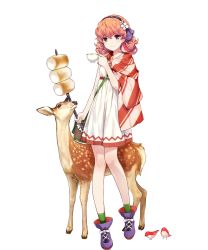 Rule 34 | amagai tarou, animal, bird, closed mouth, cup, deer, dress, fire emblem, fire emblem echoes: shadows of valentia, food, full body, genny (fire emblem), hair ornament, highres, holding, jewelry, looking at viewer, necklace, nintendo, official art, pink hair, shoes, short dress, short hair, standing, teacup, transparent background