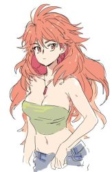 Rule 34 | 1girl, amou kanade, breasts, cleavage, closed mouth, commentary request, denim, green tube top, hanakuso, jeans, long hair, looking at viewer, navel, pants, red eyes, red hair, senki zesshou symphogear, simple background, solo, strapless, tube top, tube top, white background