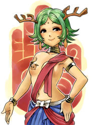 Rule 34 | 1girl, antlers, armpits, bindi, bracelet, breasts, censored, choker, facial mark, forehead mark, green hair, happy, horns, jewelry, looking at viewer, mimonel, no bra, pasties, sento-kun, short hair, simple background, small breasts, smile, solo, topless, wristband