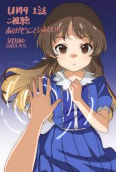 Rule 34 | 1girl, blue dress, blush, brown eyes, brown hair, commentary request, dress, floating hair, hand on mirror, hand on own chest, highres, idolmaster, idolmaster cinderella girls, idolmaster cinderella girls u149, long hair, mirror, parted lips, pov, reflection, ripples, short sleeves, sky, solo, star (sky), starry sky, straight-on, tachibana arisu, tada no saitou, translation request, upper body