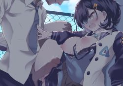 1boy 1girl against_wall black_bra black_hair blue_archive blue_necktie blush bra bra_pull breasts rabbit_hair_ornament censored chihiro_(blue_archive) clothes_pull collared_shirt erection glasses green_eyes hair_ornament hetero highres jacket large_breasts leg_grab leg_up long_sleeves mosaic_censoring necktie nipples open_clothes open_jacket open_mouth penis sahara_maddam shirt short_hair solo_focus trembling underwear white_shirt