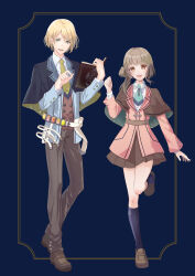 Rule 34 | 1boy, 1girl, :d, absurdres, aqua ascot, belt, belt buckle, black capelet, blonde hair, blue background, blue jacket, book, border, brown border, brown capelet, brown eyes, brown footwear, brown pants, brown sash, brown skirt, brown vest, buckle, buttons, capelet, collared shirt, commentary request, full body, gem, green capelet, green eyes, green socks, hair between eyes, hair over shoulder, hand up, hands up, heart, heart print, highres, holding, holding book, jacket, kneehighs, lapels, light brown hair, long hair, long sleeves, looking at viewer, miniskirt, necktie, notched lapels, open mouth, original, outside border, pants, pink jacket, pleated skirt, raised eyebrows, shirt, shoes, short hair, side ponytail, single hair ring, skirt, sleeves past elbows, sleeves past wrists, smile, snowlight candy, socks, standing, standing on one leg, striped clothes, striped socks, tareme, teeth, tongue, two-sided fabric, two-tone capelet, upper teeth only, vertical-striped clothes, vertical-striped socks, vest, white belt, white shirt, wing collar, yellow necktie