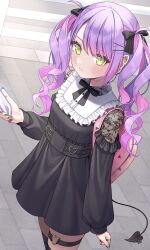 Rule 34 | 1boy, absurdres, alternate costume, backpack, bag, bib, black dress, blush, cellphone, closed mouth, colored inner hair, demon tail, dress, from above, green eyes, hair ornament, hair rings, hairclip, heart o-ring, highres, holding, holding phone, hololive, jirai kei, lace sleeves, long hair, looking at viewer, multicolored hair, nail polish, o-ring, o-ring top, official alternate hairstyle, outdoors, phone, piercing, pink bag, pink hair, pointy ears, purple hair, short dress, smartphone, smile, solo, tail, tail ornament, tail piercing, tokoyami towa, tomozu, twintails, virtual youtuber, wing hair ornament