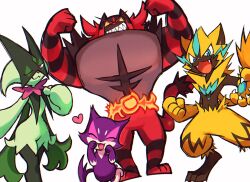 Rule 34 | :d, claws, closed eyes, closed mouth, commentary, creatures (company), elizabeth (tomas21), fangs, flexing, game freak, gen 5 pokemon, gen 7 pokemon, heart, highres, incineroar, legendary pokemon, looking at viewer, meowscarada, mythical pokemon, nintendo, one eye closed, open mouth, pokemon, pokemon (creature), purrloin, sharp teeth, smile, symbol-only commentary, teeth, zeraora