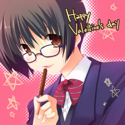 Rule 34 | 1girl, brown eyes, brown hair, english text, food, glasses, halftone, halftone background, happy valentine, lowres, original, parted lips, pocky, portrait, short hair, solo, star (symbol), tanabe, upper body, valentine