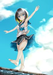Rule 34 | 1girl, barefoot, black hair, blonde hair, blue eyes, blue neckerchief, blush, kavka, looking at viewer, multicolored hair, neckerchief, original, outstretched arms, short hair, solo, two-sided fabric, two-sided skirt