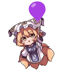 Rule 34 | 1girl, :o, animal hat, arm up, balloon, blonde hair, chibi, dress, fox tail, gokuu (acoloredpencil), hat, light blush, long sleeves, looking at viewer, mob cap, multiple tails, open mouth, mob cap, short hair, solo, tabard, tail, touhou, white background, white dress, wide sleeves, yakumo ran, yellow eyes