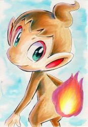 Rule 34 | chimchar, closed mouth, commentary request, creature, creatures (company), fire, game freak, gen 4 pokemon, green eyes, iwane masaaki, looking at viewer, looking back, nintendo, no humans, pokemon, pokemon (creature), sketch, smile, solo