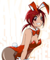 Rule 34 | 1girl, ahoge, animal ears, bare shoulders, black pantyhose, bow, bowtie, breasts, character name, cleavage, commentary request, copyright name, cowboy shot, detached collar, fake animal ears, fake tail, hair ornament, hair tie, highleg, highleg leotard, hino akane (smile precure!), kitano tomotoshi, leaning forward, leotard, long hair, low ponytail, matching hair/eyes, medium breasts, no bra, pantyhose, playboy bunny, precure, rabbit ears, rabbit tail, red bow, red bowtie, red eyes, red hair, red leotard, smile precure!, solo, strapless, strapless leotard, tail, text background, twitter username, two-tone background, wrist cuffs, x hair ornament