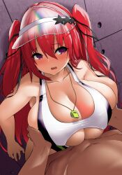 Rule 34 | 1boy, 1girl, absurdres, akure ekuto, blush, breasts, cleavage, clothed female nude male, commentary request, commission, hair between eyes, hat ornament, highres, huge breasts, long hair, looking at viewer, naruse mio, nude, open mouth, paizuri, pov, purple eyes, red hair, shinmai maou no testament, skeb commission, solo focus, star (symbol), star hat ornament, transparent headwear, two side up, variant set, visor cap, whistle, whistle around neck