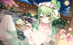 Rule 34 | 1girl, braid, breasts, ceres fauna, cherry blossoms, cleavage, green hair, hair bun, highres, hololive, hololive english, large breasts, leopxl, looking at viewer, mole, mole under eye, naked towel, nemu (ceres fauna), onsen, pixel art, single hair bun, smile, towel, virtual youtuber, yellow eyes
