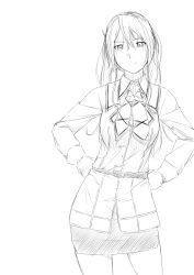 Rule 34 | 10s, 1girl, ascot, ashigara (kancolle), ashigara kai ni (kancolle), contrapposto, gloves, greyscale, hair between eyes, hairband, hands on own hips, highres, jacket, kantai collection, long hair, looking at viewer, monochrome, niwatazumi, pencil skirt, sketch, skirt, smile, solo, standing, white background