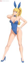 Rule 34 | 1girl, absurdres, alternate costume, animal ears, bare legs, blonde hair, blue eyes, blue leotard, bow, bowtie, breasts, commentary, covered navel, detached collar, english commentary, fake animal ears, fake tail, full body, hand on own hip, high heels, highleg, highres, legs, leotard, long hair, looking at viewer, medium breasts, metroid, mole, mole on breast, mole under mouth, nintendo, playboy bunny, ponytail, rabbit ears, rabbit tail, samus aran, simple background, solo, standing, strapless, strapless leotard, super smash bros., tail, traditional bowtie, white background, wrist cuffs, zelc-face