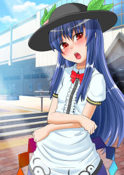 Rule 34 | 1girl, :o, black hat, blue hair, blush, bow, bowtie, building, center frills, day, food, frills, fruit, hat, head tilt, hinanawi tenshi, leaf, long hair, looking at viewer, looking back, onna kishi no shiro, open mouth, outdoors, peach, red bow, red bowtie, red eyes, school, solo, touhou