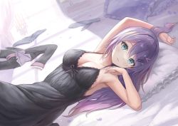 Rule 34 | 1girl, arm up, armpits, bare arms, bare shoulders, black dress, black shirt, black skirt, blue eyes, blush, breasts, candle, candlestand, cleavage, closed mouth, commission, curtains, dress, facial mark, frilled pillow, frills, hair between eyes, hair ornament, hairclip, highres, indoors, long hair, long sleeves, looking at viewer, medium breasts, original, pillow, pleated skirt, purple hair, sauvignon, shirt, unworn shirt, skeb commission, skirt, unworn skirt, sleeveless, sleeveless dress, smile, solo, star (symbol), star hair ornament, very long hair, window