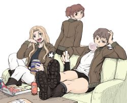 Rule 34 | 3girls, a&amp;w, alisa (girls und panzer), blonde hair, boots, bottle, brown eyes, brown hair, blowing bubbles, can, chewing gum, commentary request, couch, drink can, emblem, feet on table, food, freckles, girls und panzer, hand on own head, head rest, holding, holding bottle, jacket, kay (girls und panzer), licking, licking finger, long hair, long sleeves, looking at viewer, multiple girls, naomi (girls und panzer), nujima, peanut butter, pizza, pizza box, saunders military uniform, short hair, short twintails, shorts, simple background, sitting, socks, soda bottle, soda can, star (symbol), thighhighs, twintails, white background, white legwear