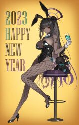 Rule 34 | 1girl, 2023, absurdres, animal ears, black leotard, blue archive, bottle, bow, breasts, chinese zodiac, cleavage, commentary, cup, dark-skinned female, dark skin, detached collar, drinking glass, english commentary, fake animal ears, fishnet pantyhose, fishnets, full body, gradient background, halo, happy new year, high heels, highres, karin (blue archive), karin (bunny) (blue archive), large breasts, leotard, long hair, new year, official alternate costume, orange background, pantyhose, penguin say, playboy bunny, ponytail, rabbit ears, sideboob, sitting, solo, stuffed animal, stuffed toy, tattoo, very long hair, wrist cuffs, year of the rabbit, yellow background, yellow eyes